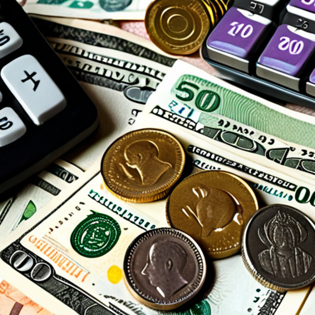 **Financial Stability:** "A detailed budget plan on a table with a calculator, highlighting income, expenses, and savings goals. Thai Baht currency notes and coins are scattered around, symbolizing financial planning. The style is clean, modern, and easily understandable, suitable for guiding financial management in Thailand."