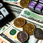**Financial Stability:** "A detailed budget plan on a table with a calculator, highlighting income, expenses, and savings goals. Thai Baht currency notes and coins are scattered around, symbolizing financial planning. The style is clean, modern, and easily understandable, suitable for guiding financial management in Thailand."