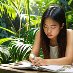 **

A young Thai woman with a thoughtful expression, journaling outdoors surrounded by lush greenery. Sunlight filters through the leaves. In the background, subtle visuals representing "strengths," "weaknesses," and "core values" as abstract icons or symbols. Focus on self-discovery and personal growth. Style: Soft, natural lighting, slightly impressionistic.

**