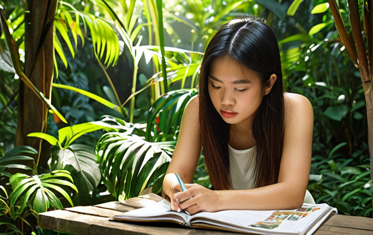 **

A young Thai woman with a thoughtful expression, journaling outdoors surrounded by lush greenery. Sunlight filters through the leaves. In the background, subtle visuals representing "strengths," "weaknesses," and "core values" as abstract icons or symbols. Focus on self-discovery and personal growth. Style: Soft, natural lighting, slightly impressionistic.

**